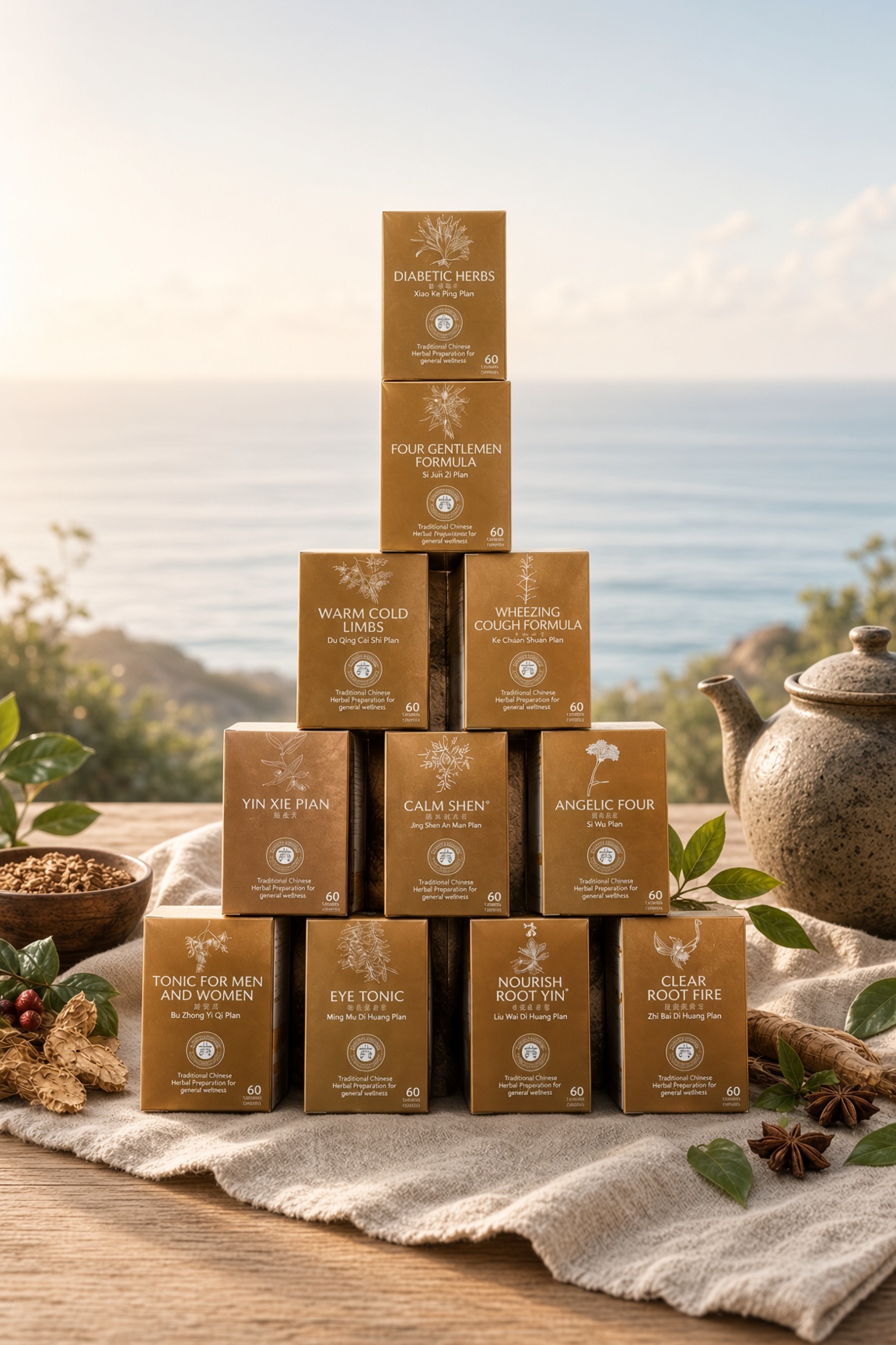 ChinaHerb gold formula boxes on linen