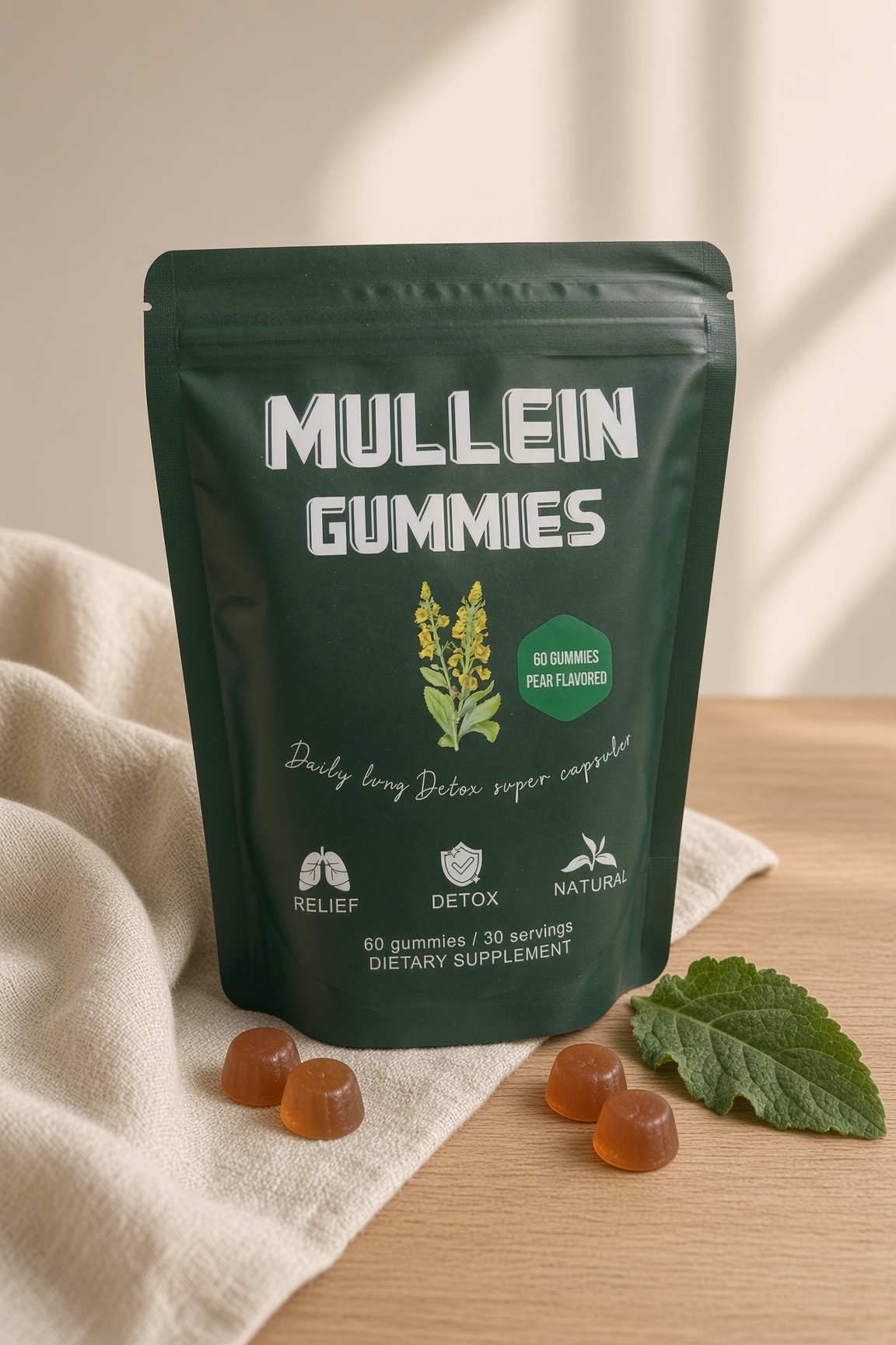 Mullein Gummies pouch on linen