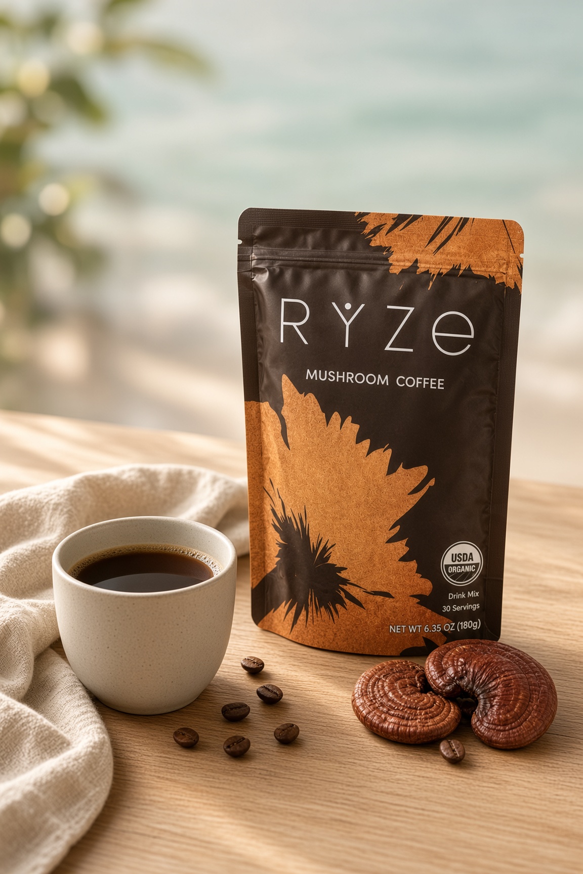 RYZE mushroom coffee pouch on oak