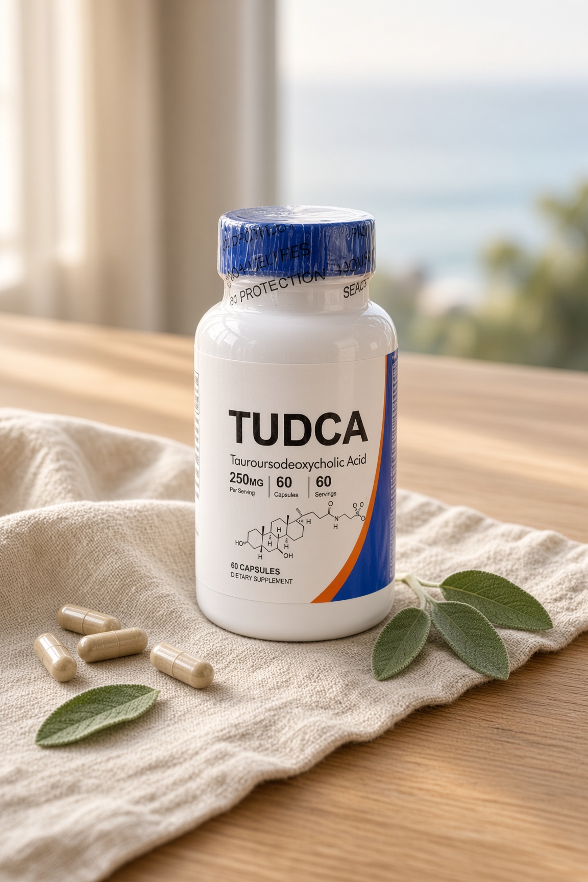 TUDCA bottle on linen