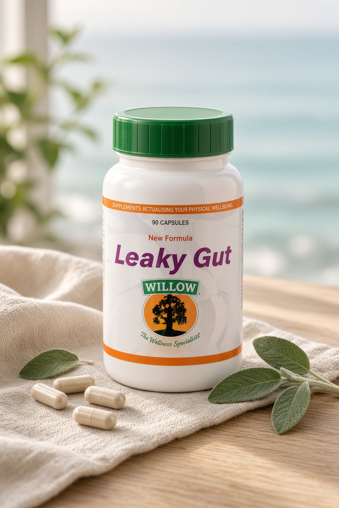 Willow Leaky Gut bottle on linen